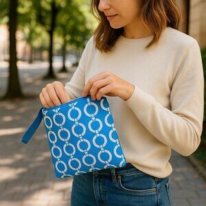 Blue And White Chain Look Zip Clutch Wristlet Makeup Bag 9.75 in x 8 in